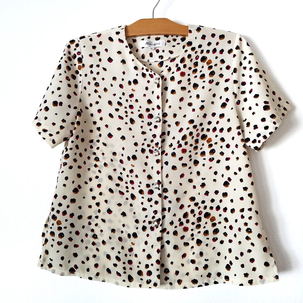 Vintage cream animal print button up blouse top short sleeve